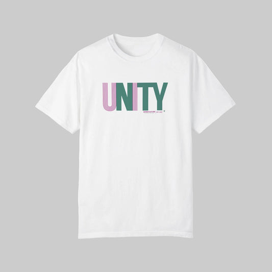 Unity t-shirt, white color, gray background. Purple and green lettering. WordCulture Streetwear.