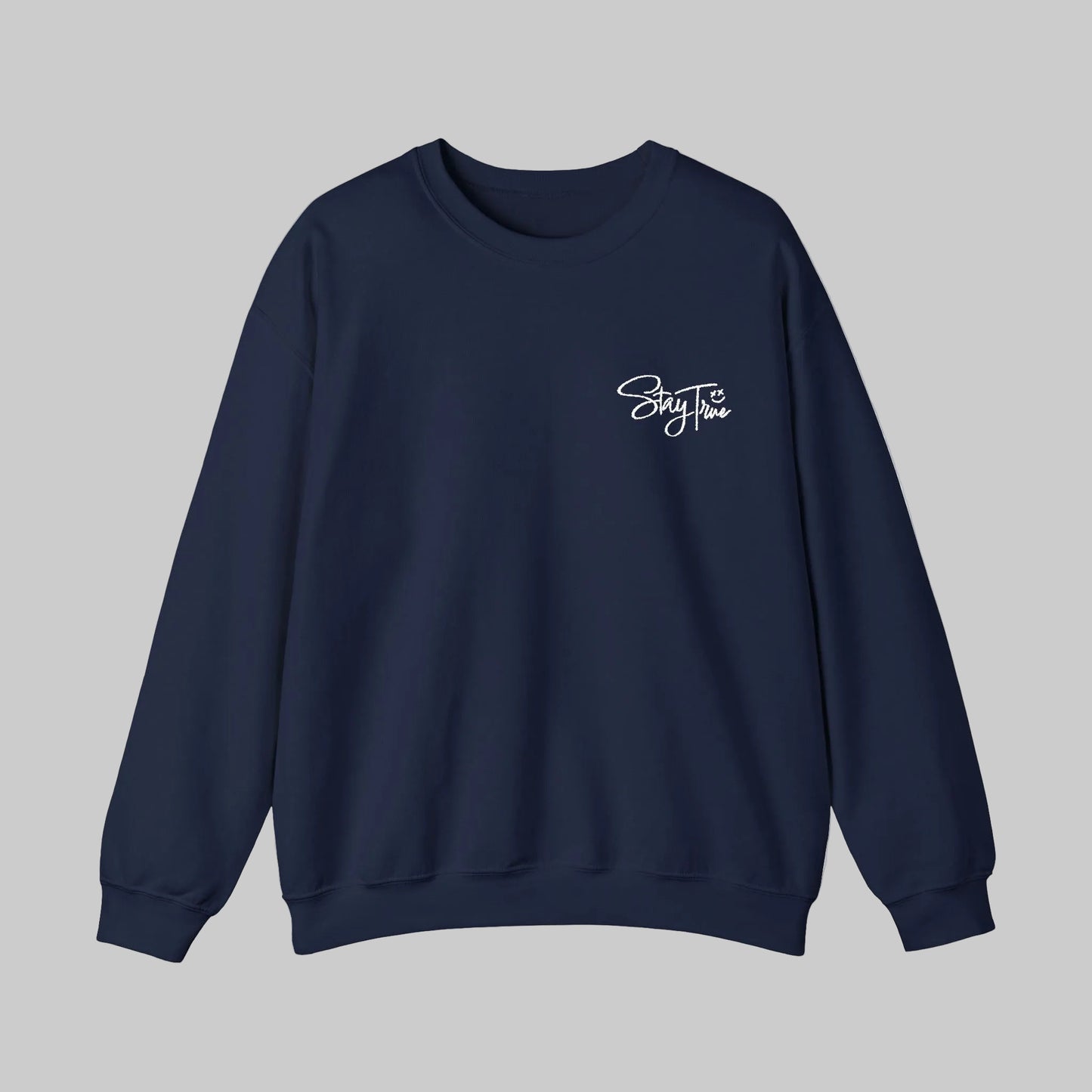 Navy blue sweatshirt with a small logo on a white background