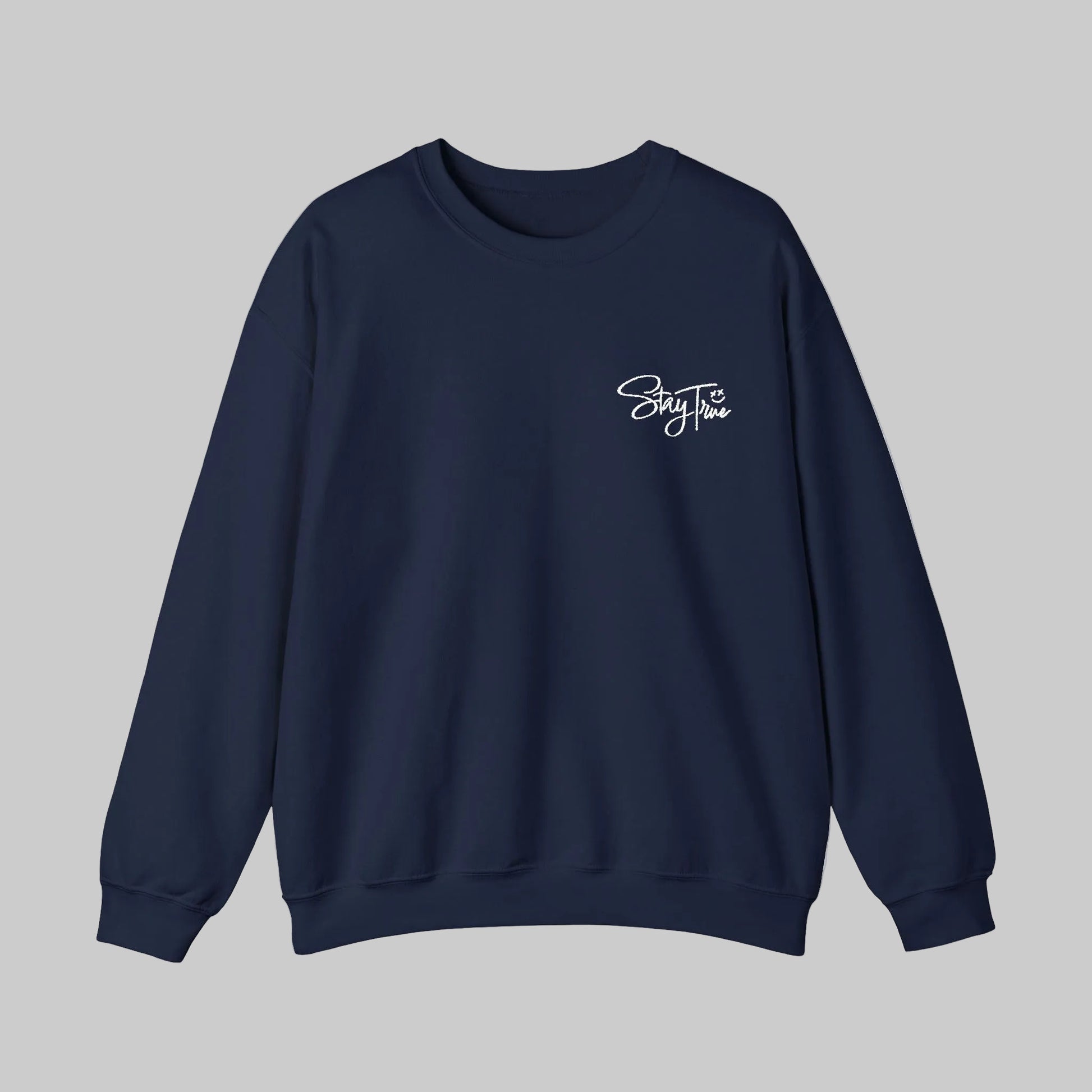 Navy blue sweatshirt with a small logo on a white background
