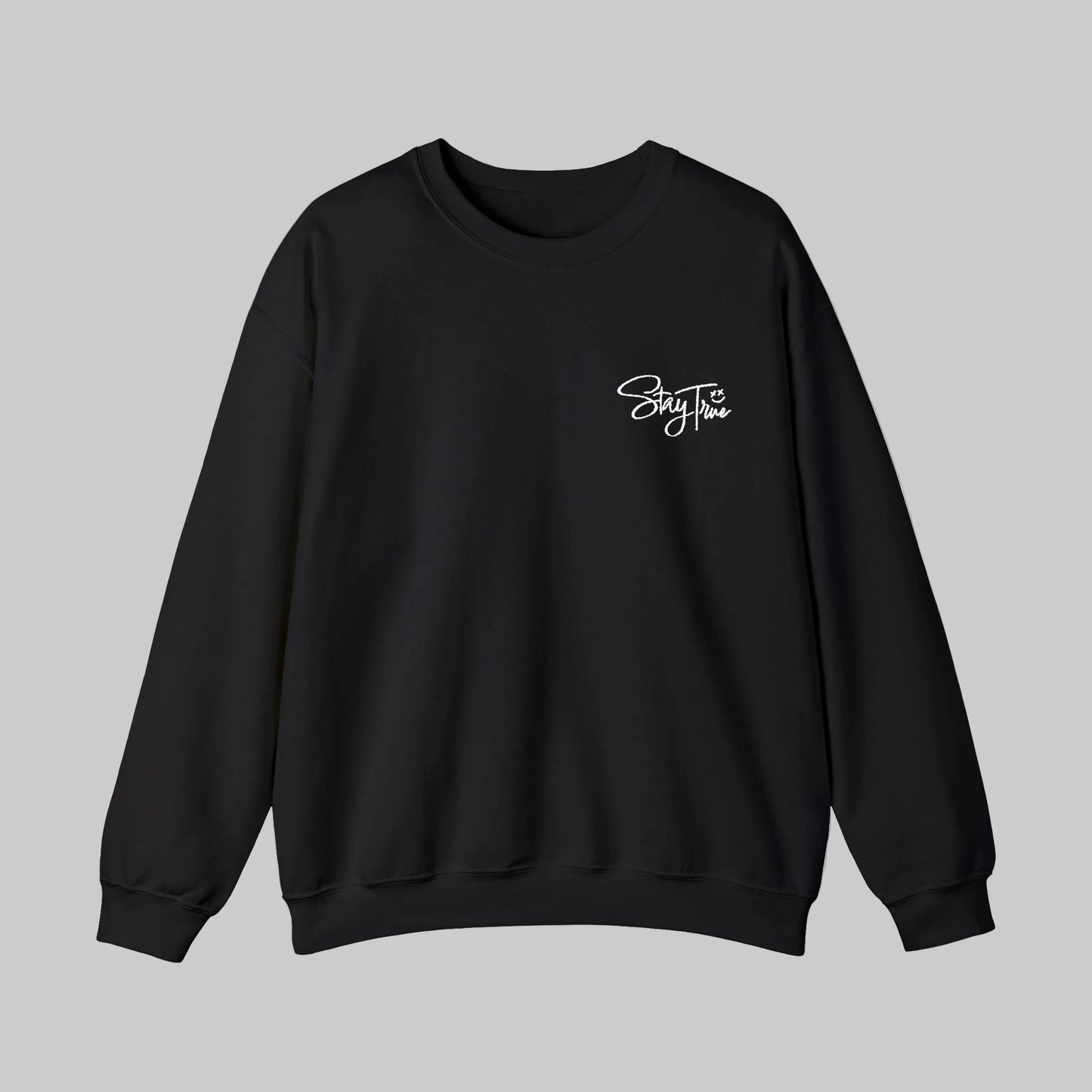 Black sweatshirt with a white logo on the chest against a white background