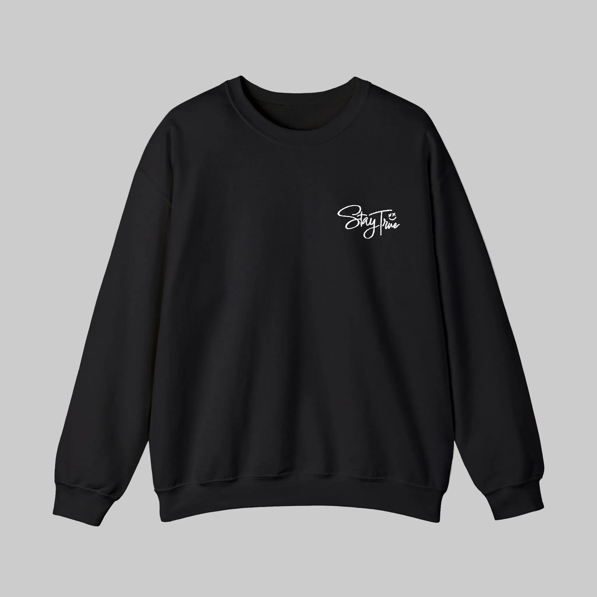 Black sweatshirt with a white logo on the chest against a white background