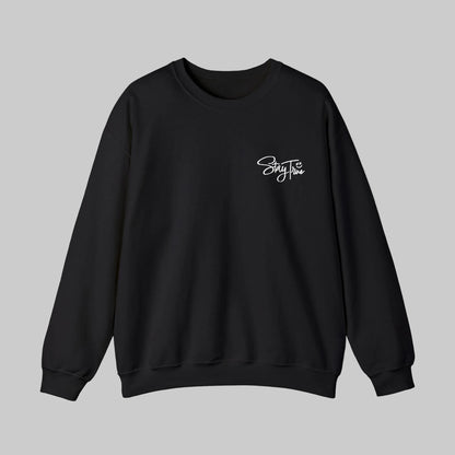 Black sweatshirt with a white logo on the chest against a white background