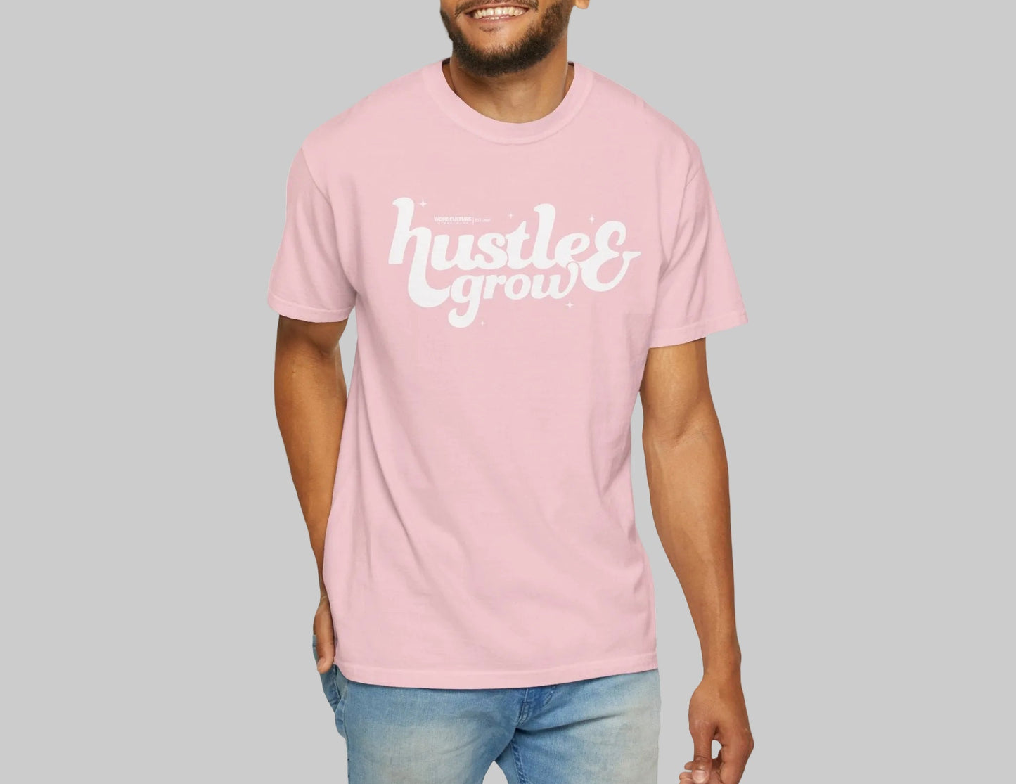 WordCulture Streetwear Hustle & Grow typography pink t-shirt front view minimalist design.