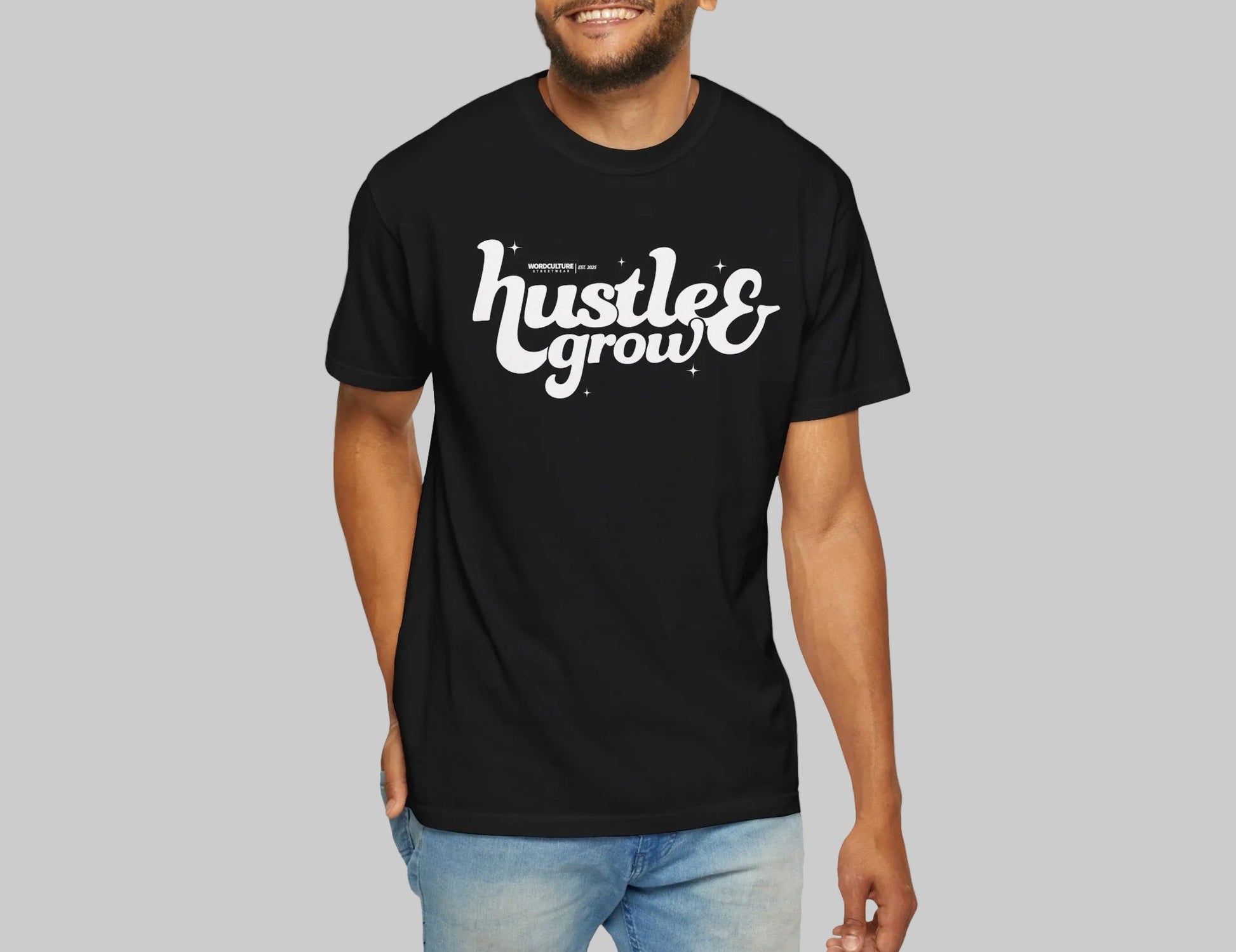 WordCulture Streetwear Hustle & Grow typography black t-shirt front view minimalist design.
