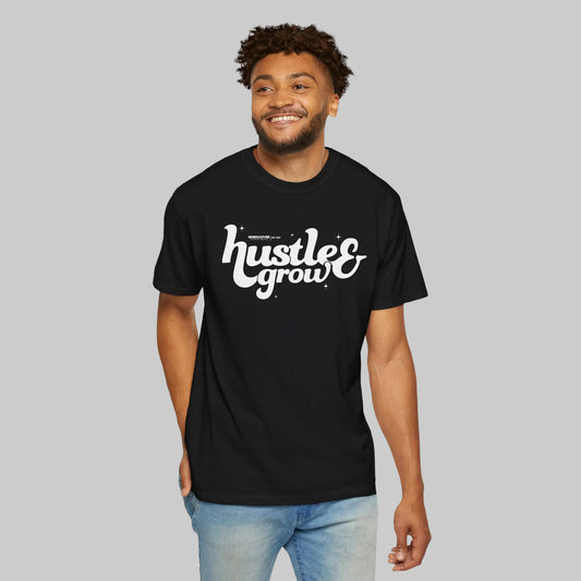 WordCulture Streetwear Hustle & Grow typography black t-shirt front view minimalist design.
