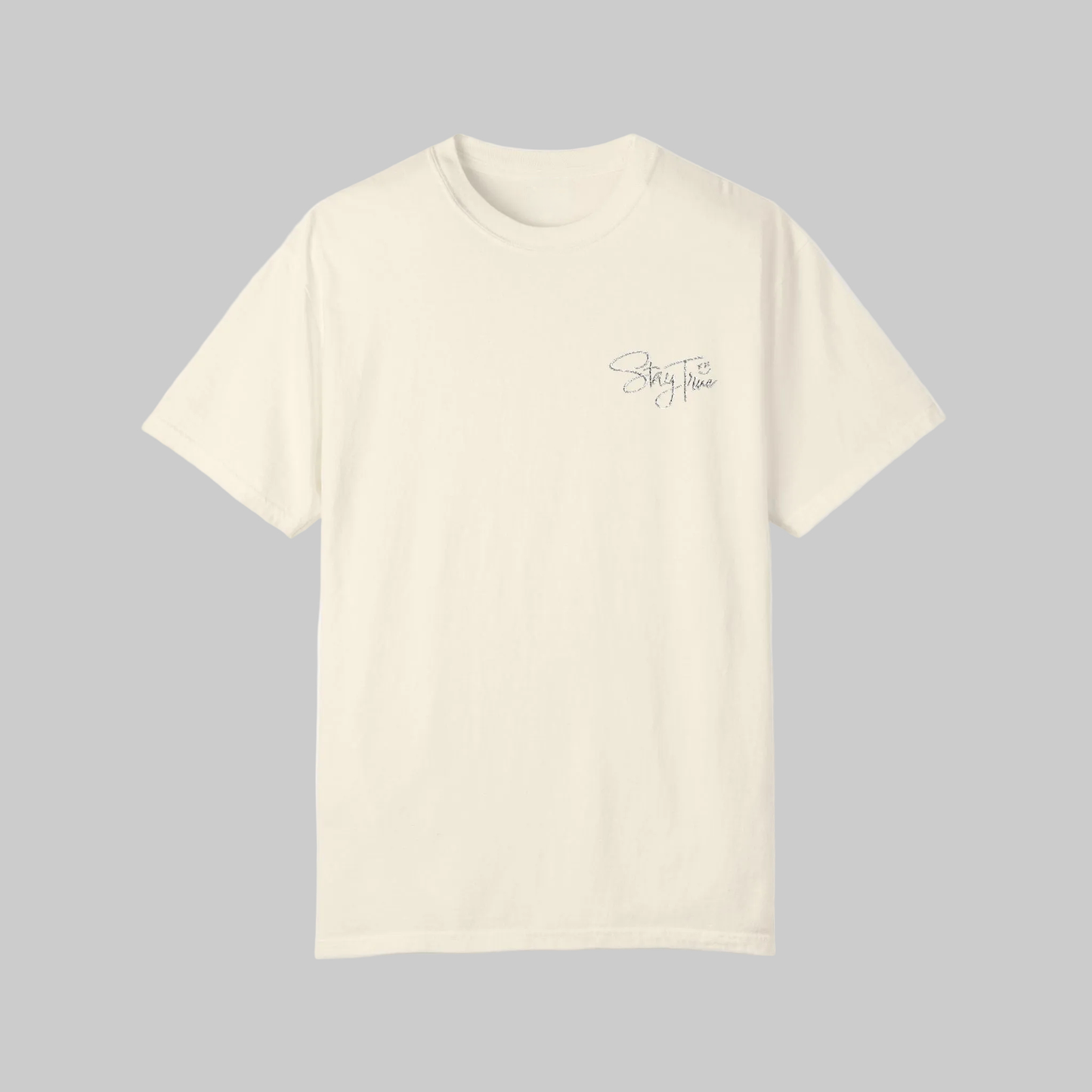 White t-shirt with a logo on the chest against a gray background