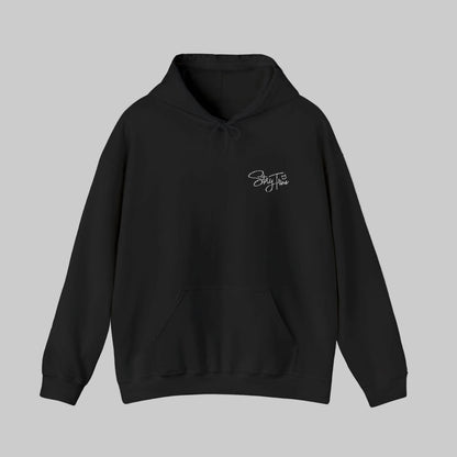 Black heavy weight hoodie with white Stay True lettering design by WCS.