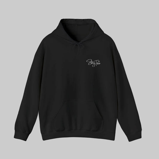 Black heavy weight hoodie with white Stay True lettering design by WCS.