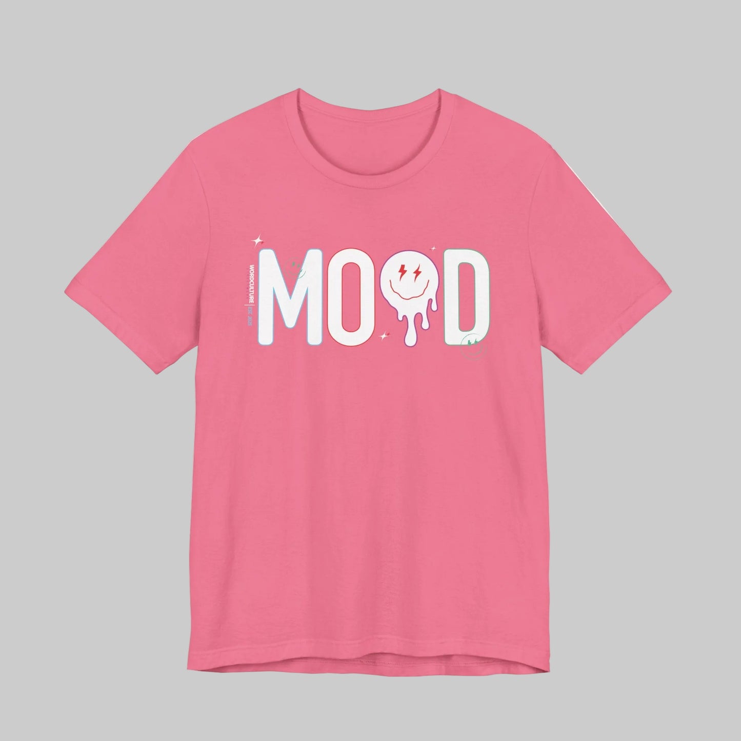 Pink t-shirt with 'MOOD' graphic design on a white background by WordCulture.
