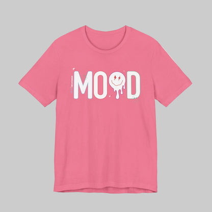 Pink t-shirt with 'MOOD' graphic design on a white background by WordCulture.