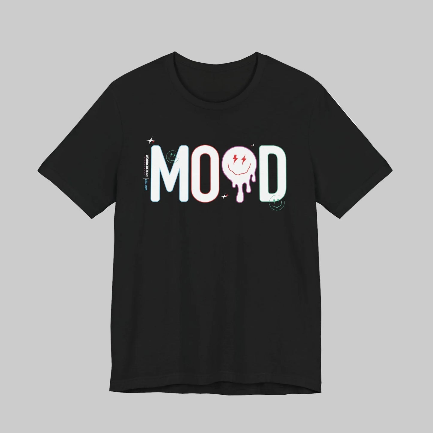 Black t-shirt with 'MOOD' graphic design on a white background design by WordCulture.