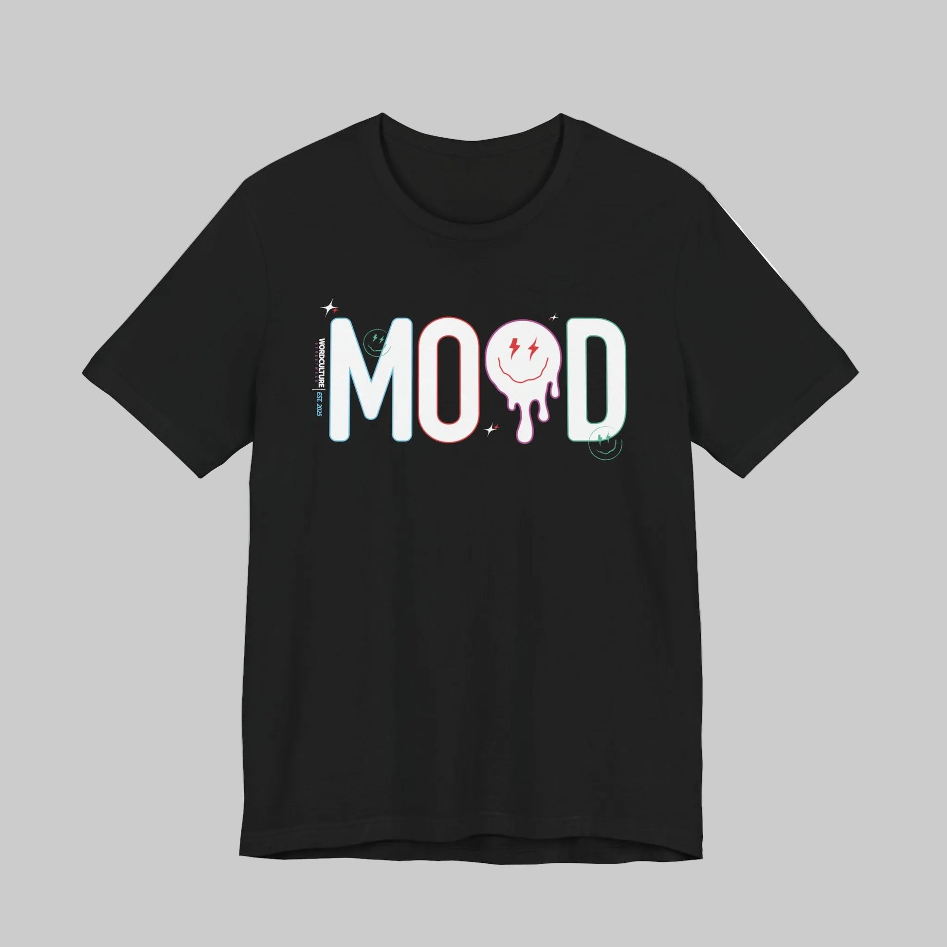 Black t-shirt with 'MOOD' graphic design on a white background design by WordCulture.