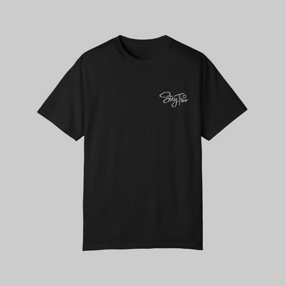 Black t-shirt with white text Stay True on a white background