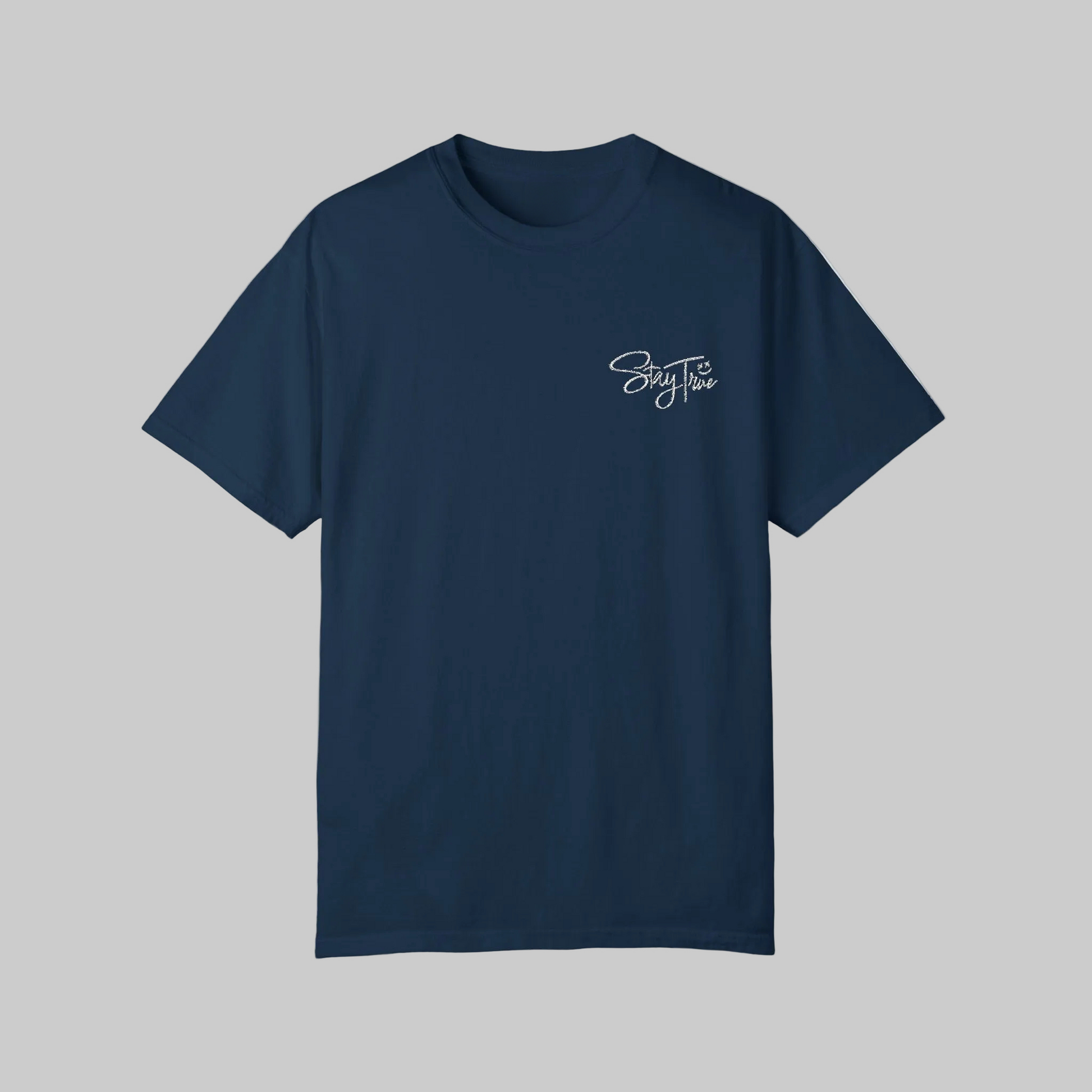 Navy blue t-shirt with Stay True design by wordculture.