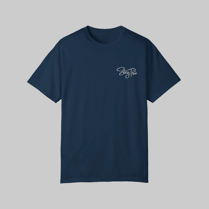 Navy blue t-shirt with Stay True design by wordculture.