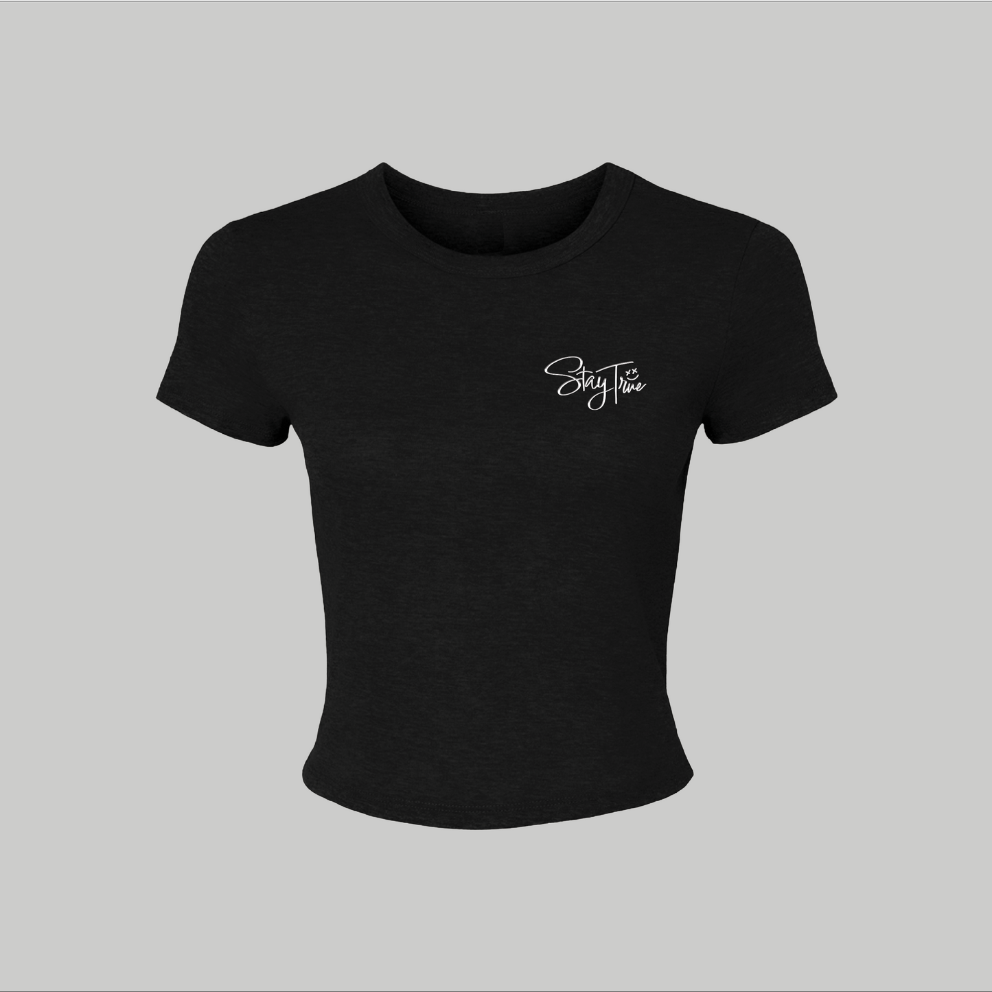 Black crop top with a white logo on a light gray background