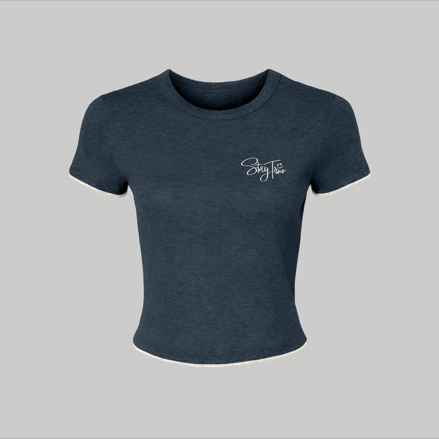 Navy blue t-shirt with a logo on a gray background