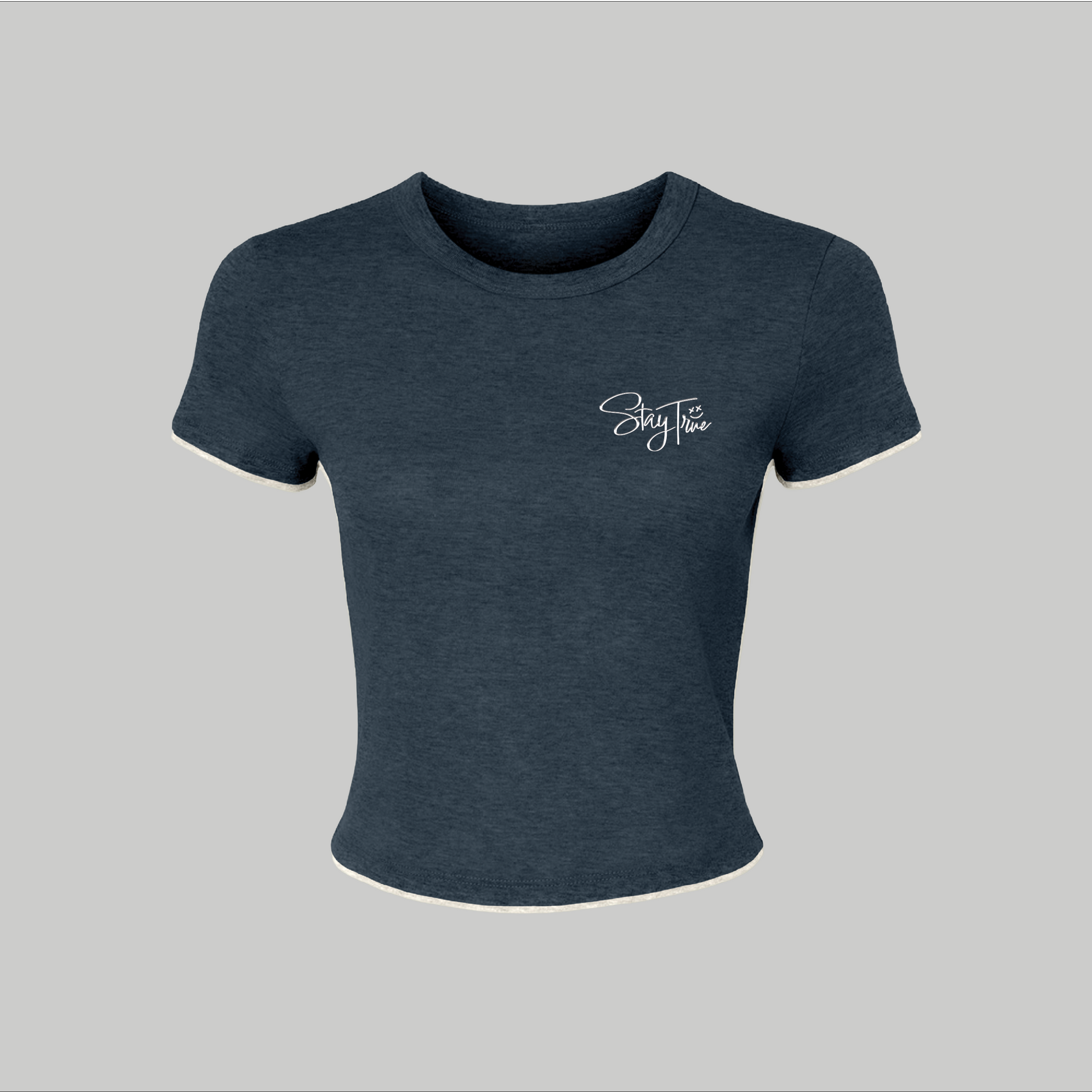 Navy blue t-shirt with a logo on a gray background