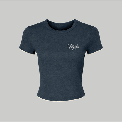 Navy blue t-shirt with a logo on a gray background