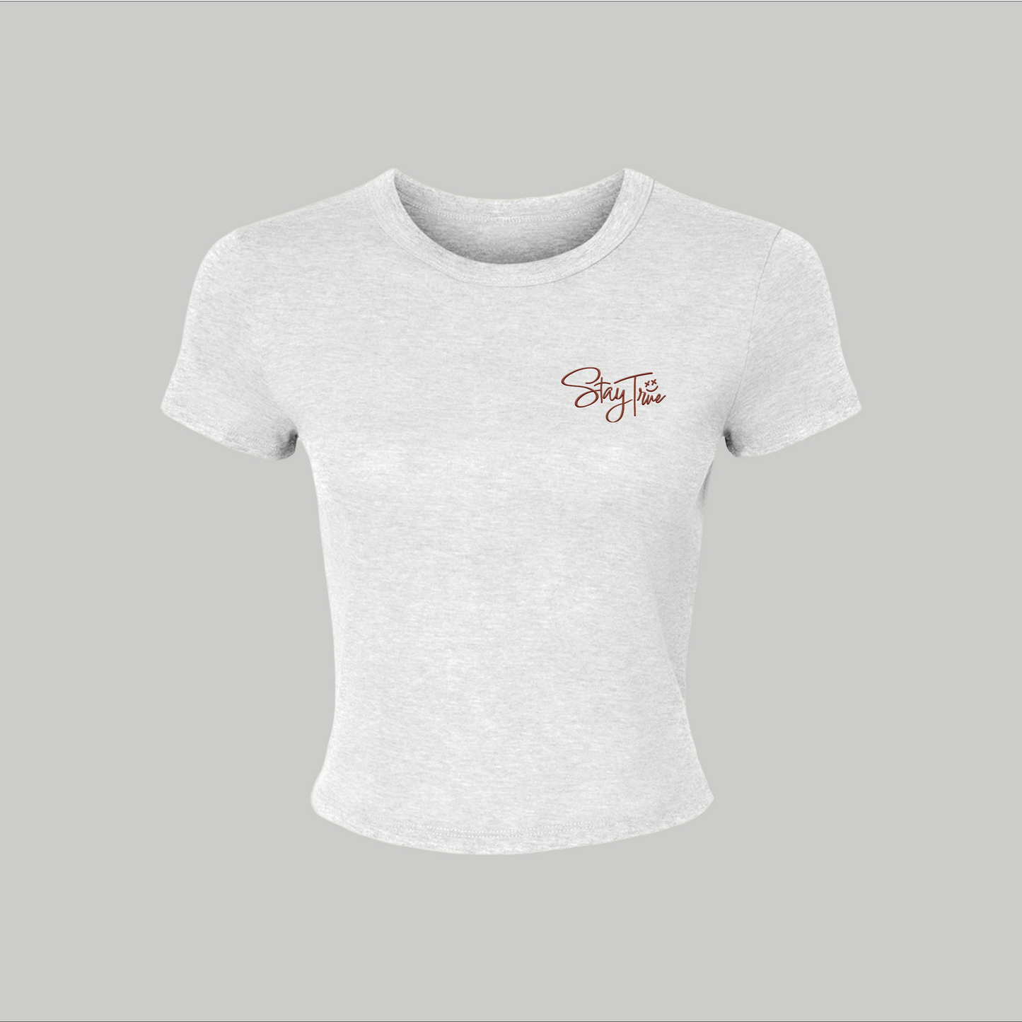 White t-shirt with a logo on a gray background