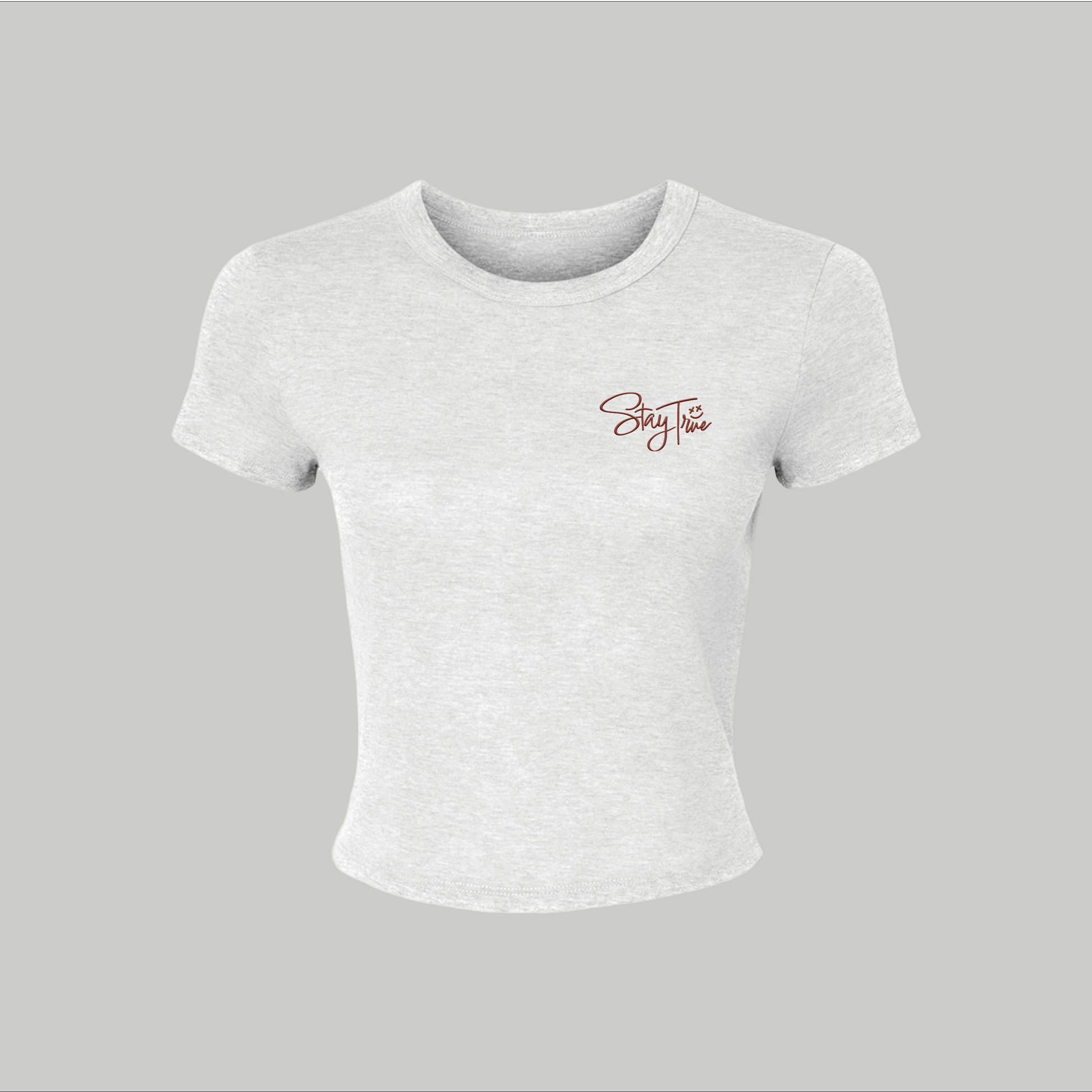 White t-shirt with a logo on a gray background